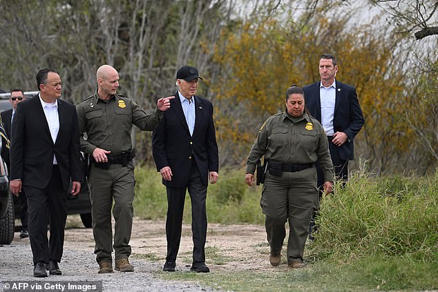 President Joe Biden listens to border patrol agents on a visit to the US-Mexico border in Brownsville, Texas, in February.