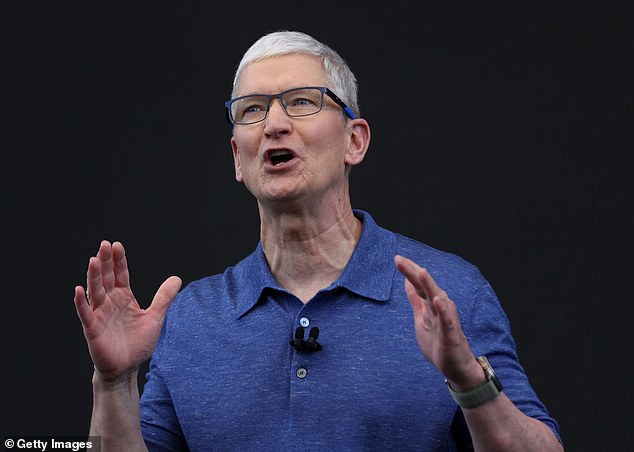 Apple CEO Tim Cook delivers a speech at the start of Apple's Worldwide Developers Conference (WWDC) on June 10, 2024 in Cupertino, California.