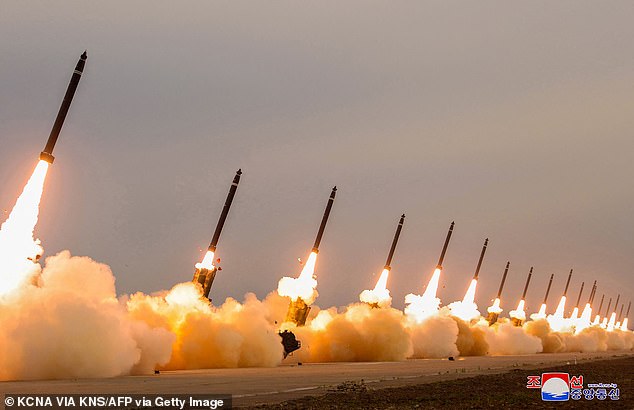 This photograph taken on May 30, 2024 and published by North Korea's official Korean Central News Agency (KCNA) via KNS on May 31, 2024 shows the artillery test launch of 600mm super-large rocket at an unconfirmed location in North Korea.