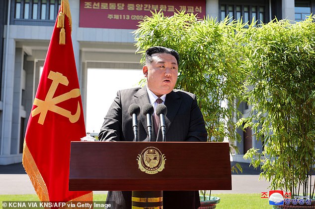 This photo taken on June 1, 2024 and published by North Korea's official Korean Central News Agency (KCNA) via KNS on June 2, 2024 shows North Korean leader Kim Jong Un speaking while attending the ceremony inauguration of the Central Staff Workers School. 'Party of Korea (WPK) in Pyongyang