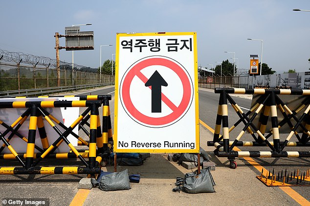 Barricades are set up near the Unification Bridge, which leads to Panmunjom in the Demilitarized Zone (DMZ) on June 11, 2024 in Paju, South Korea.