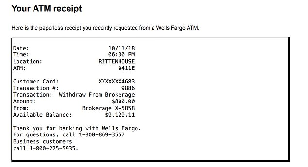 Hunter's emails include a receipt from Wells Fargo saying he withdrew $800 at 6:30 p.m. on Oct. 11 at an ATM labeled 