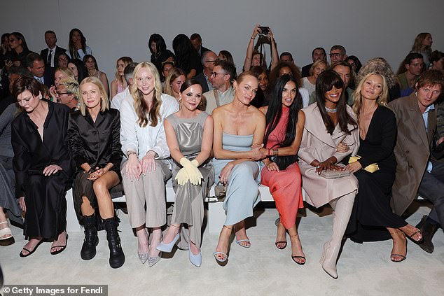 Linda and Naomi sat five seats apart at the Fendi spring/summer show in September 2023 (LR Linda, Naomi Watts, Gwendoline Christie, Christina Ricci, Amber Valletta, Demi Moore, Naomi, Kate Moss and Nikolai von Bismarck )