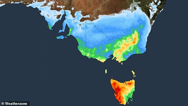 Parts of Tasmania are forecast to receive up to 80mm of rain over Monday, Tuesday and Wednesday, while Victoria and southern New South Wales are also expected to be hit by rain (pictured).