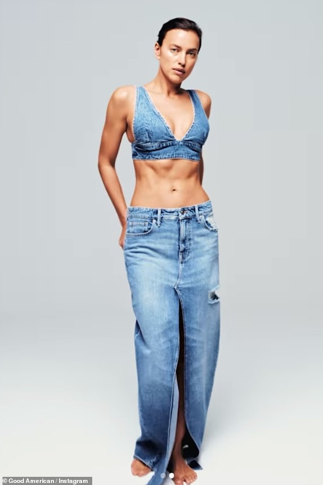 In a video, uploaded by the brand on Monday, the Vogue cover girl, 38, could be seen modeling a daring deep V-neck top, which retails for $119, and a $169 denim skirt. dollars with a thigh-high slit. and it tears on the left side