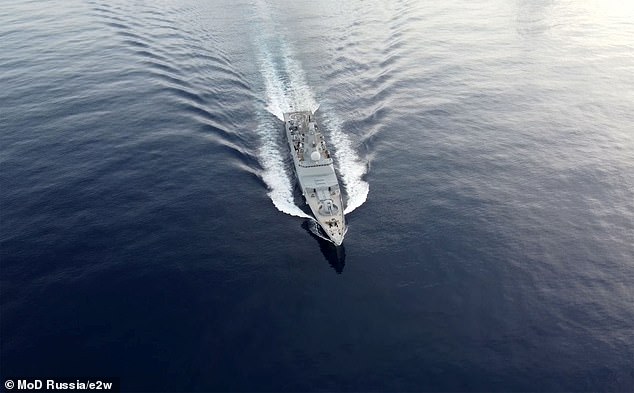 Vladimir Putin's most modern frigate, the Admiral Gorshkov (pictured), a carrier of hypersonic missiles, accompanies the Kazan nuclear submarine and two other warships.