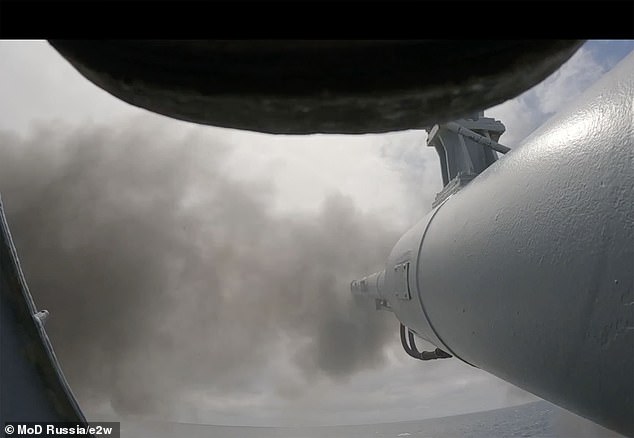 Footage shows a gun being fired at the Admiral Gorshkov frigate during Russian naval exercises.