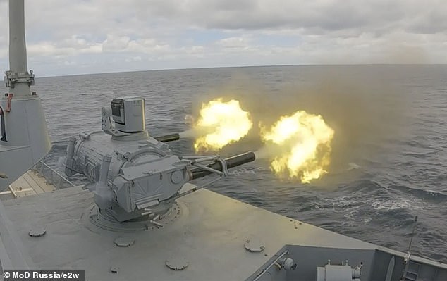 The Russian frigate Admiral Gorshkov is seen firing its weapons in a Russian naval exercise.