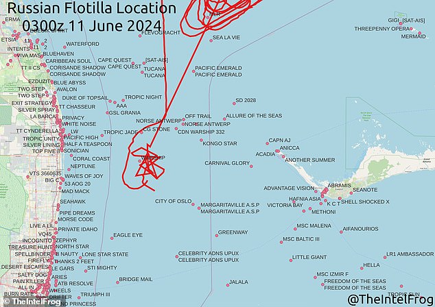 The four ships will arrive in Havana on Wednesday and will pass within 40 kilometers of the United States coast on their journey, according to reports. Pictured: A map released by OSINT analysts showing the suspected location of the Russian vessels as they passed between the United States (to the west) and the Bahamas (to the east).