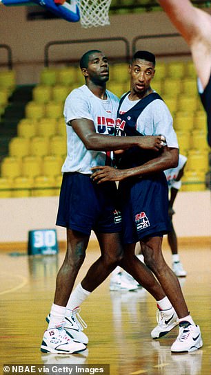 Magic Johnson defends Scottie Pippen at a 1992 Team USA practice in California