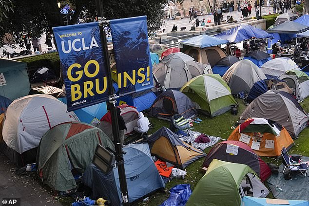 Police said that around 3:15 p.m., about 100 protesters occupied Dickson Plaza with tents, canopies, wooden shields and water-filled barriers.