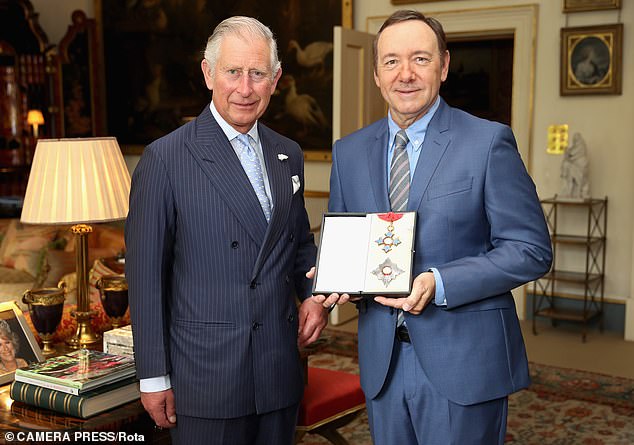 Kevin Spacey claimed he received a message of support from King Charles when the Hollywood actor was accused of sexual misconduct (Spacey pictured received an honorary knighthood in 2016).