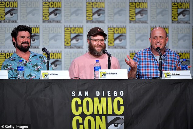 The Boys returns Thursday with its first three episodes before airing weekly; Kripke (right) photographed with Urban (left) and EP Seth Rogen (center) in 2019 in San Diego.