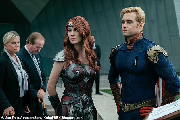 Antony Starr (right) appears as Homelander, the psychopathic leader of Vought's superhero squad, The Seven.