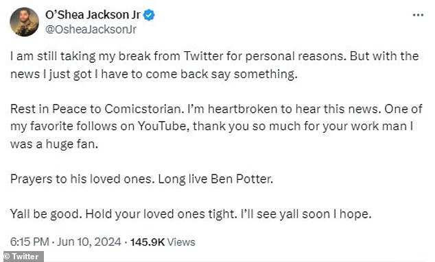 Notable names like actor O'Shea Jackson Jr. paid tribute to the late content creator