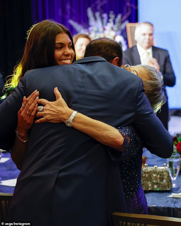 Woods hugged his mother and daughter Sam tightly after leaving the stage.