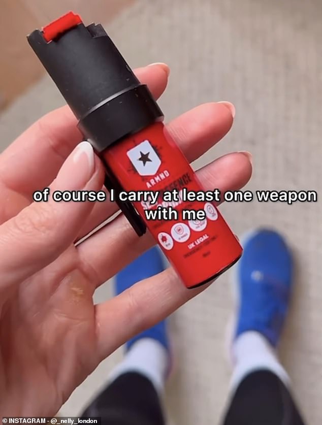 As well as sharing his live route with a friend and keeping his music at a low volume to ensure he's aware of his surroundings, he also carries a gun (pictured) which appears to be one of the legal alternatives to pepper spray.