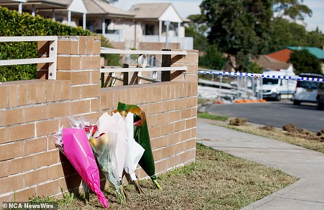 Pictured are floral tributes laid at the site of the June 1 explosion in western Sydney.