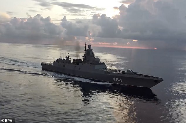 A still image taken from a video distributed on June 11, 2024 by the Russian Defense Ministry's press service shows the Russian Navy's frigate 'Admiral Gorshkov' participating in military exercises in the Atlantic Ocean while heading to Cuba.