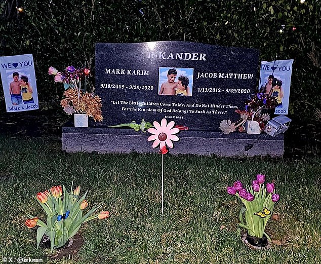 Pictured is the grave of Mark and Jacob Iskander. Rebecca Grossman fatally hit the brothers while she was speeding in September 2020