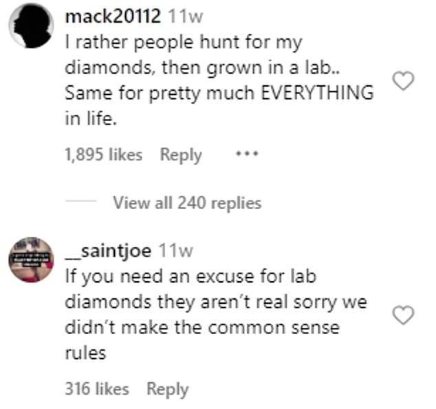 In the comments section of the Instagram Reel video, many were quick to mention lab-grown diamonds, with one person even writing that they are so 