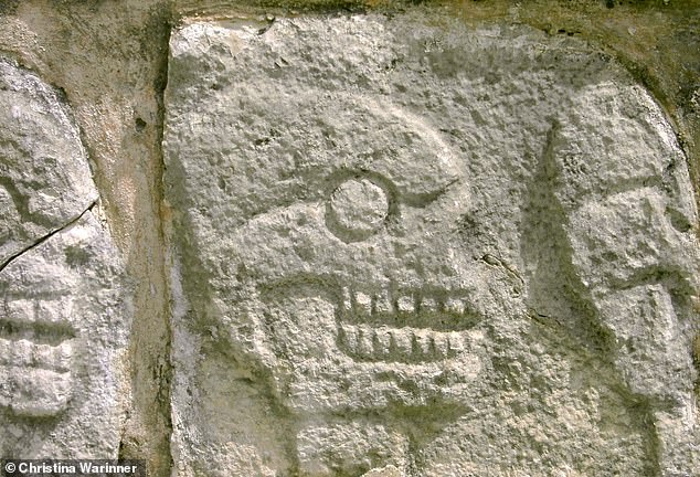 A full-scale stone representation of a huge tzompantli (skull rack) at the central point of the sacrificial site at Chichén Itzá.