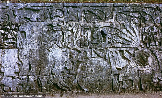 The sculpture in the Great Ball Court of Chichén Itzá represents sacrifice by decapitation. The figure on the left holds the severed head of the figure on the right, who spews blood in the form of snakes from his neck.