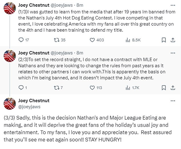 Chestnut Breaks His Silence After Being Excluded from Nathan's Hot Dog Eating Contest