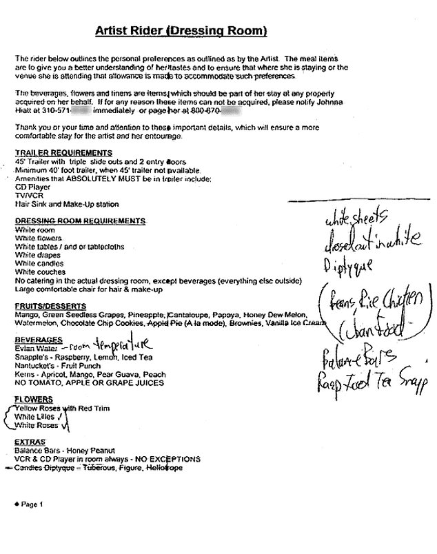 Pictured: A document sent to a location by Jennifer Lopez requesting unusual items, including an all-white dresser, specific flowers, and room temperature Evian water.