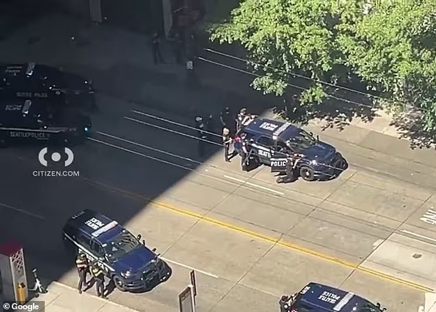 Police could be seen crouching behind their own patrol cars as they remained in an hour-long standoff with the woman who was hiding inside the FBI building.