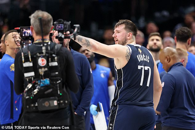 Luka Doncic reacts after committing a foul in Game 3 of the NBA Finals against Boston