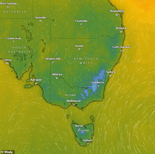 A cold front moving north will continue to bring freezing temperatures, rain and strong winds to southeastern Australia (pictured, temperature forecast for early Sunday morning)