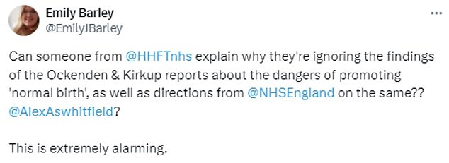 Emily Barley, co-founder of the Alliance for Safe Maternity, also said: Can someone from Hampshire Hospitals NHS Foundation Trust explain why they are ignoring the findings of the Ockenden & Kirkup reports on the dangers of promoting 