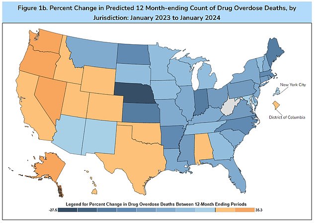 The map above shows how overdose deaths have changed by state over the past year. Although rates have fallen in many areas, they are still double what they were in 2015.