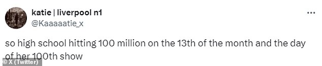 It was also announced today that 'So High School', a song from their eleventh studio album, The Tortured Poets Department, has surpassed 100 million streams on Spotify.