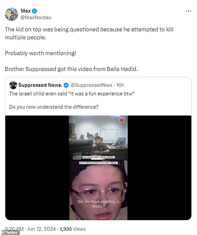 Hadid was also criticized for a video she shared on her Stories in which freed nine-year-old hostage Ohad Mondar revealed some of the Arabic words he learned while held captive by Hamas.