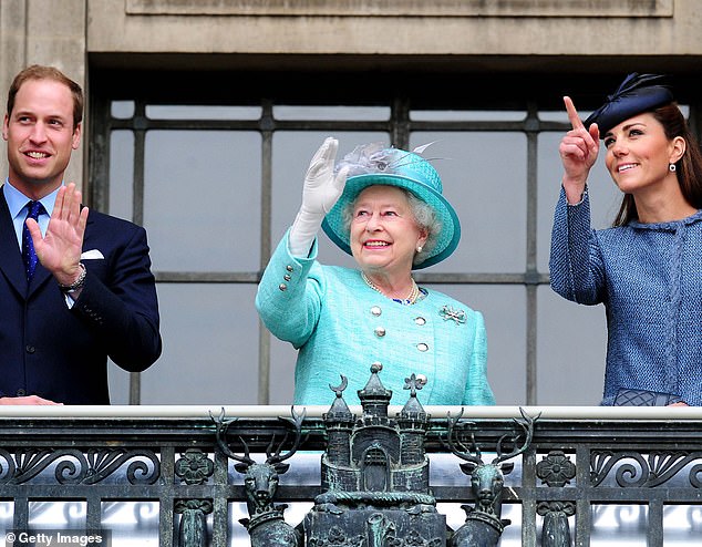 Kate with the Queen on the balcony of Council House, Nottingham during the Queen's Diamond Jubilee tour of the UK, 13 June 2012