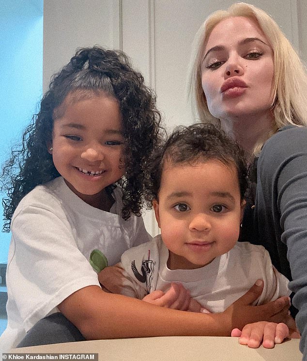 Khloe shares her six-year-old daughter True and one-year-old son Tatum with her NBA player ex-boyfriend Tristan Thompson; In the photo with her two children.