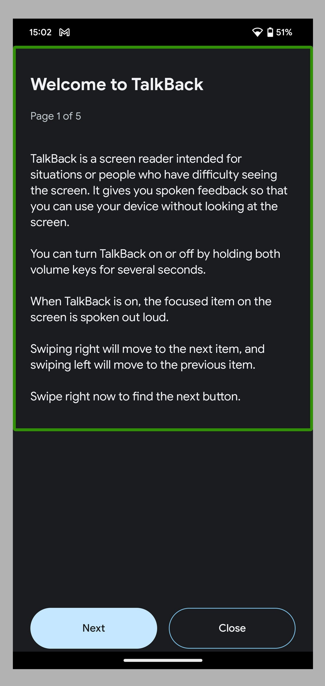 Introductory text to the TalkBack app on Android devices. The header says Welcome to TalkBack followed by a paragraph describing...