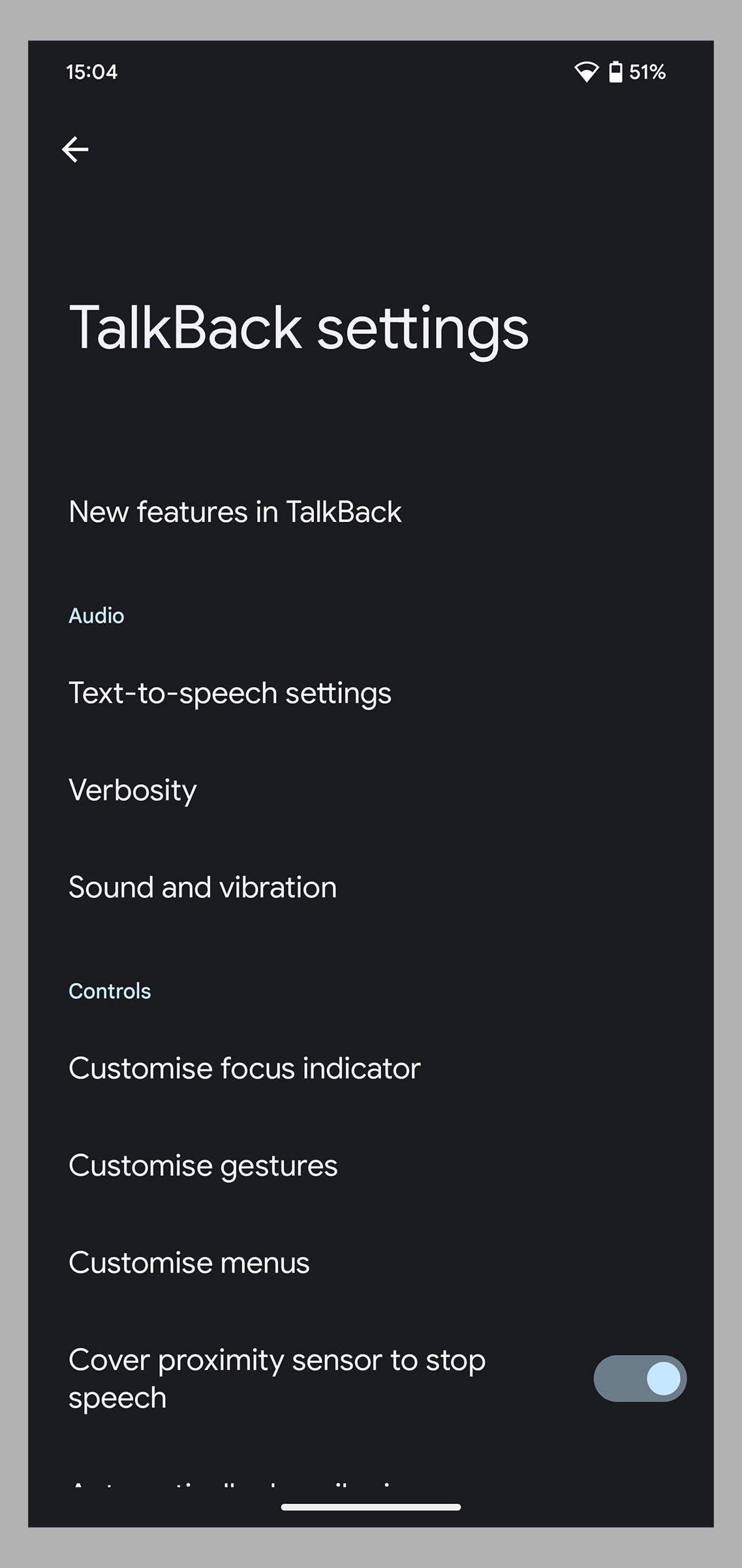 TalkBack Android app settings menu covers proximity sensor to stop voice option is on