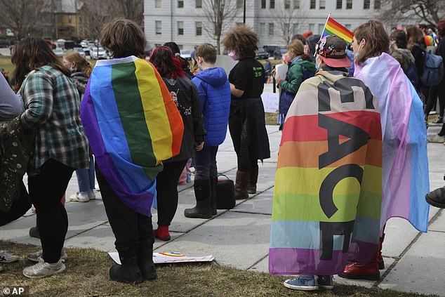 The fight for trans rights in Vermont has led to protests, including this one at the Montpelier Statehouse in March 2023.