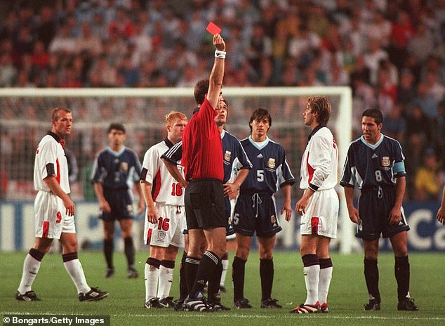 He was sent off in the quarter-final match between England and Argentina for kicking Diego Simeone after the Argentine captain pushed him to the ground.