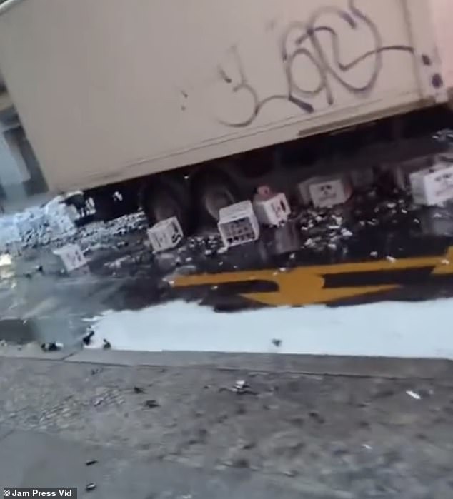 Footage taken by shocked passers-by showed dozens of beer cases and broken bottles strewn across Siemensstraße in Berlin at around 7pm yesterday.