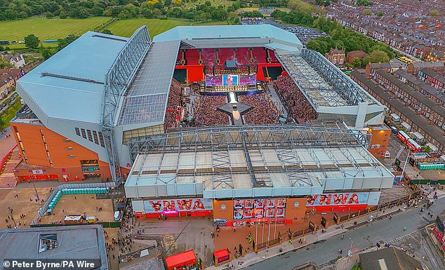 Elsewhere in the concert, Taylor thanked the crowd of fans for braving the rain all day to wait outside Liverpool FC's stadium (pictured) to see their beloved pop star.