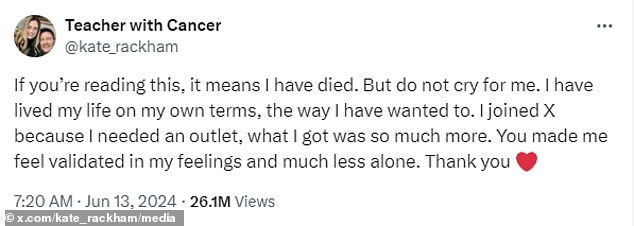 In his last post he wrote: 'If you are reading this, I have died but don't cry for me.' I've lived my life on my own terms, the way I wanted.'