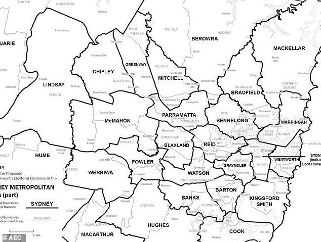 The AEC redistribution committee has proposed changing the boundaries of 39 electorates, abolishing one in Melbourne and creating another in Perth (pictured, Sydney proposal).