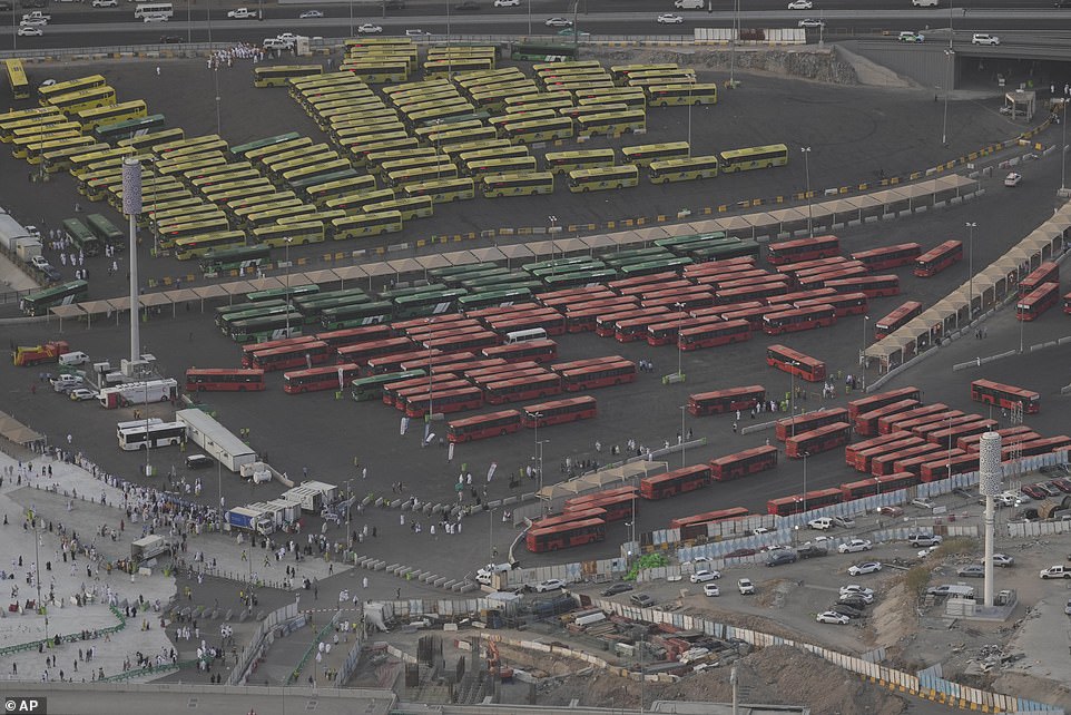 Pilgrim buses line up to transport worshipers to the center of Mecca after their arrival in the city.