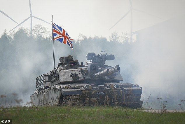 A British Forces Challenger 2 main battle tank during NATO's Spring Storm exercise in Kilingi-Nomme, Estonia, on Wednesday 15 May.