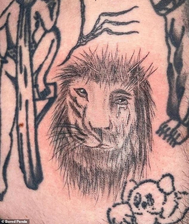 A tattoo lover decided to get a questionable image of a lion crying on his skin