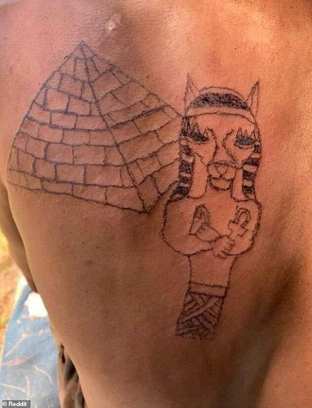 One person got a tattoo of what appears to be an Egyptian pharaoh holding an ankh next to a pyramid, but it looks like it could have been drawn by a child.